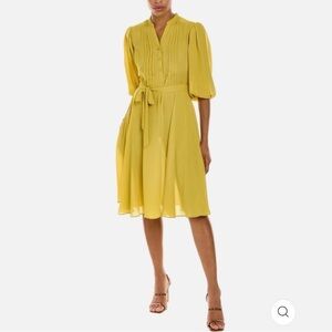 Nanette Lepore mustard midi dress, tie waist, pintucks & matching slip, size 2